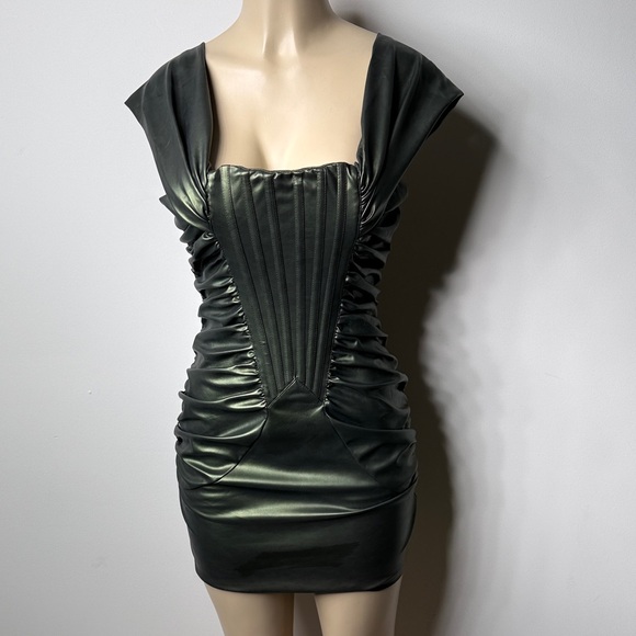 AKIRA Dresses & Skirts - AKIRA Shimmering Dark Green Faux-Leather Ruched Mini Dress